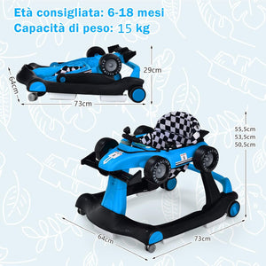 Girello per Bambini 4 in 1, Girello Pieghevole con Altezza e Velocità Regolabili, Carillon con Luci, Volante e Sedile, Primi Passi per Bambini 6-18 Mesi, Portata 15 kg (Blu)