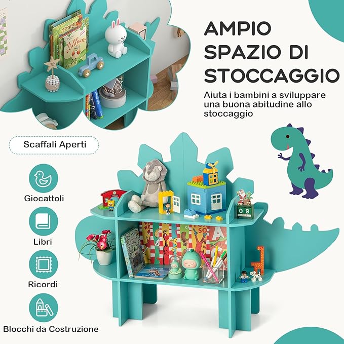 Libreria in Legno per Bambini, Organizzatore di Archiviazione Giocattoli con Ripiani, Adorabile Scaffale con Anti-Ribaltamento per Stanza dei Bambini Sala Giochi Asilo (Dinosauro)