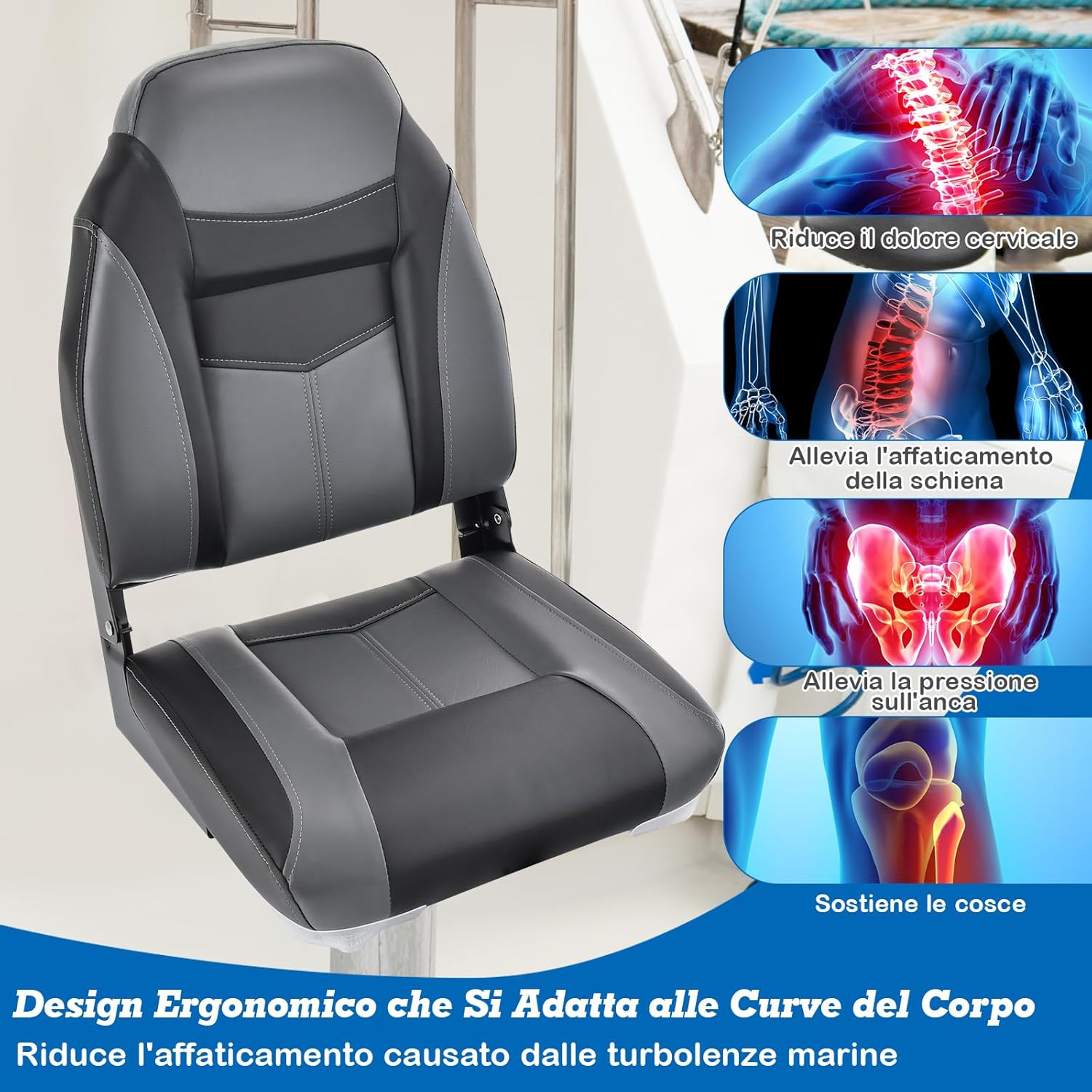 Sedia da Barca, Sedile da Barca Pieghevole con Morbido Cuscino Imbottito, Rivestimento in PVC Impermeabile, 44,5 x 51 x 61 cm (Grigio, 2)