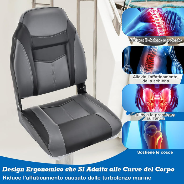 Sedia da Barca, Sedile da Barca Pieghevole con Morbido Cuscino Imbottito, Rivestimento in PVC Impermeabile, 44,5 x 51 x 61 cm (Grigio, 2)