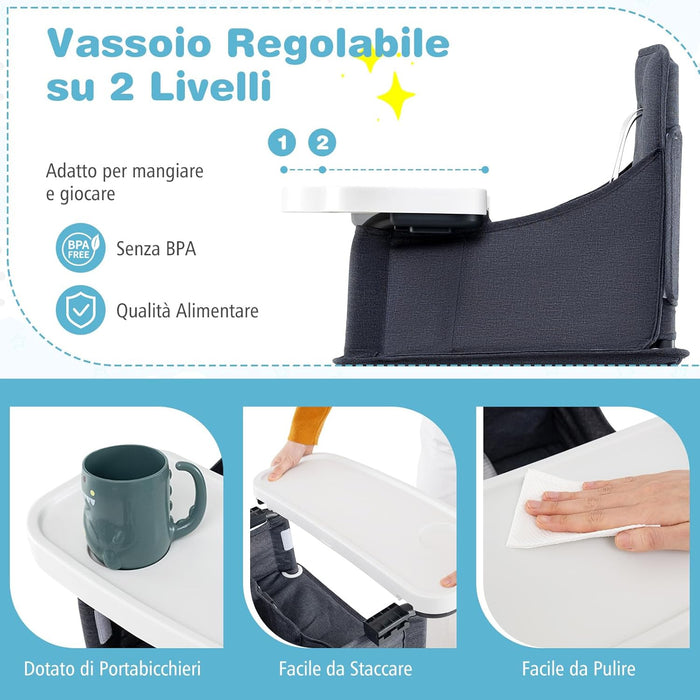 Seggiolone Pieghevole per Bambini, Seggiolone Salvaspazio con Vassoio Regolabile a 2 Livelli, Cintura di Sicurezza, Aperture Regolabili per Gambe, Tasche, per Bambini 6-36 Mesi