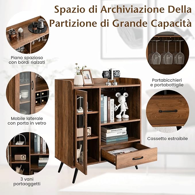 Credenza Cucina con Portabottiglie Rimovibile per 8 Vini e Porta Bicchieri, Mobile Bar in Legno con Anta e Cassetto Portaoggetti, Cantinetta Vino per Cucina, Sala da Pranzo e Soggiorno