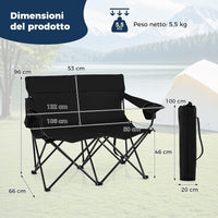 Sedia da Campeggio Doppia, Poltrona Pieghevole per 2 Persone con Portabicchieri, Borsa per il Trasporto, Sedia da Giardino Portatile per Spiaggia, Picnic, Pesca, Portata 300 kg (Nero)