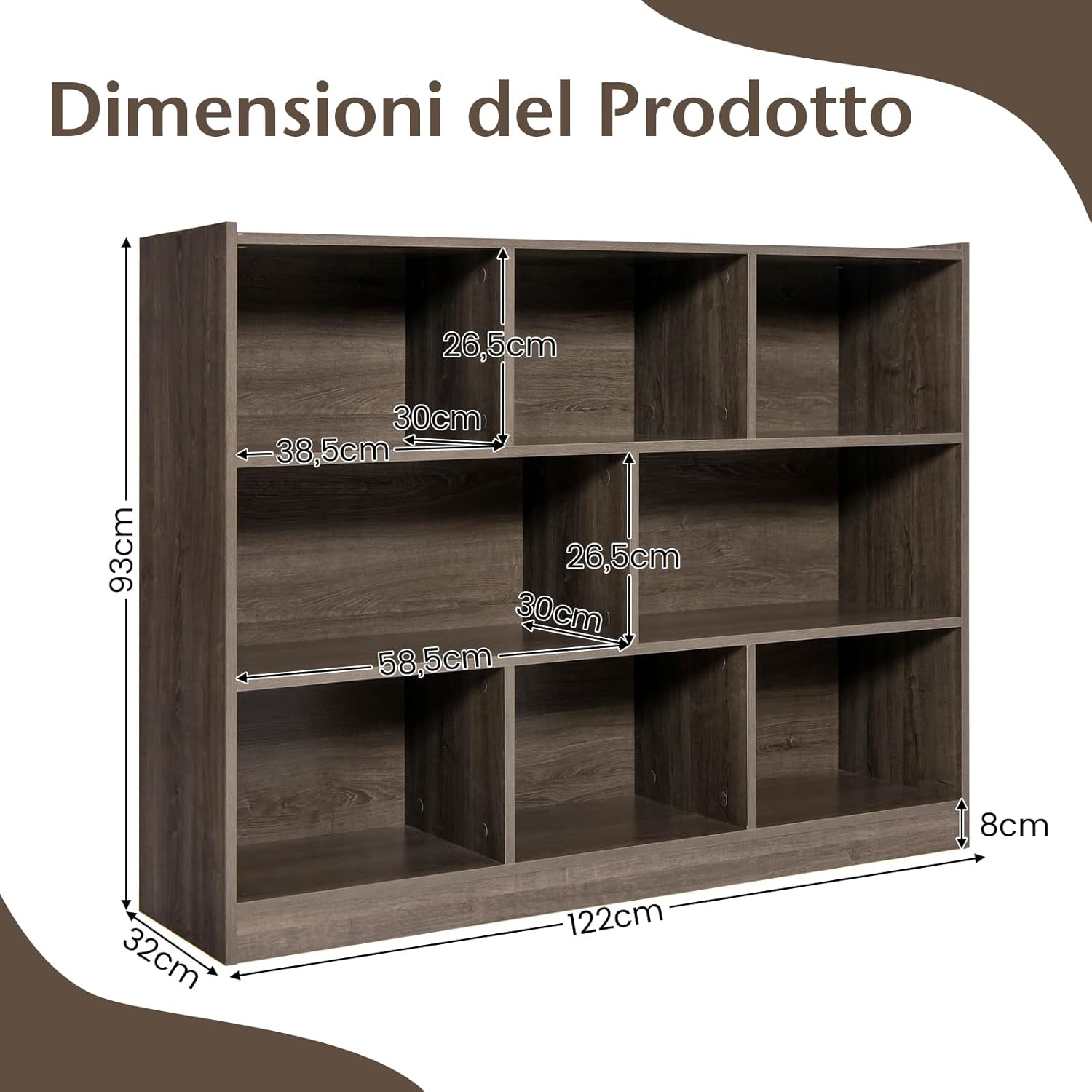 Scaffale Multiuso a 3 Livelli, Mobiletto Espositore Moderno a 8 Cubi, Libreria di Legno per Bambini, Organizer Giocattoli per Camera da Letto, Soggiorno, Studio (Grigio)
