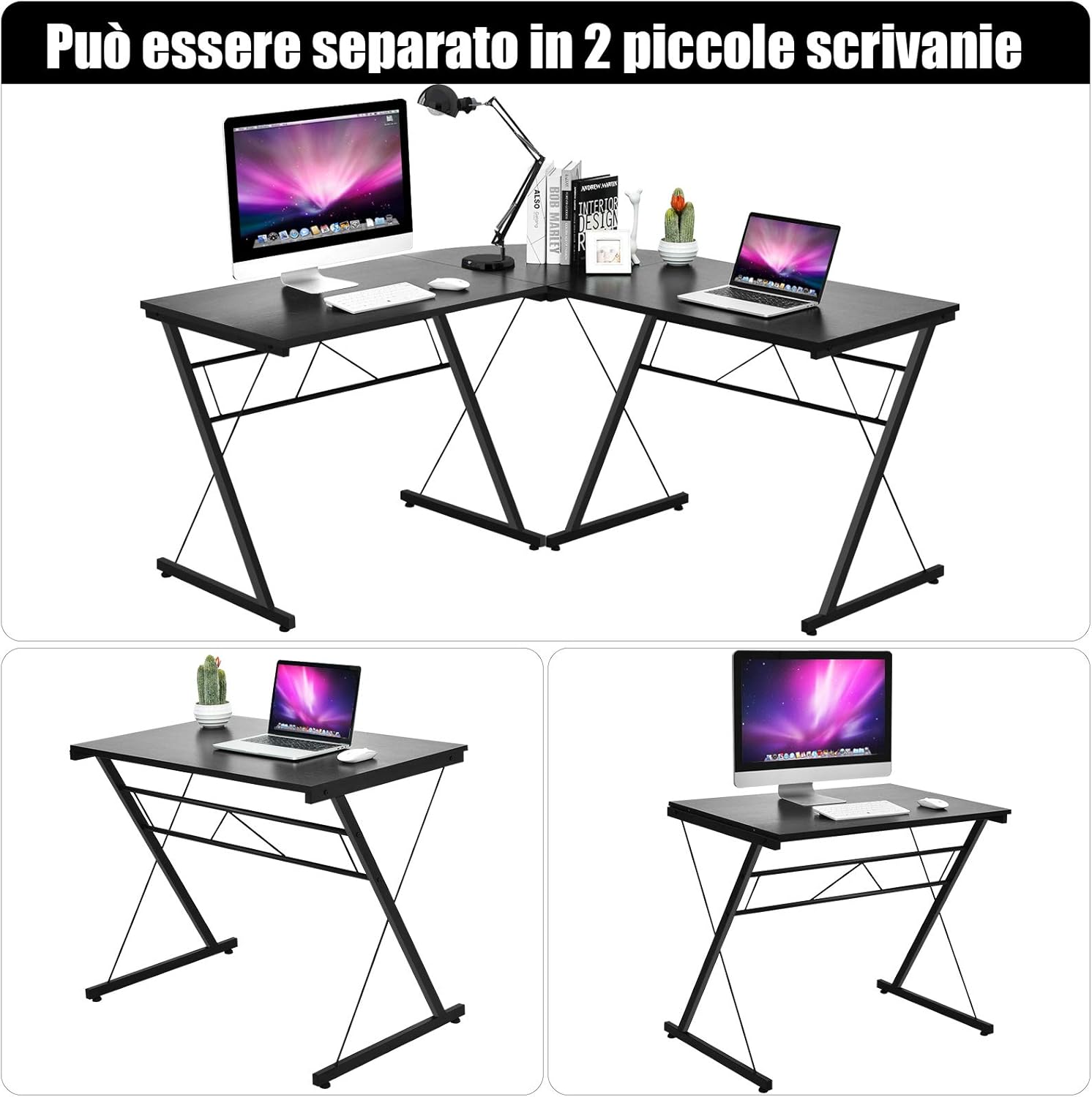Scrivania per Computer ad Angolo, Scrivania L Angolare per Studio e Ufficio, Tavolo da Lavoro Multifunzione, 150x150x76cm (Nero)