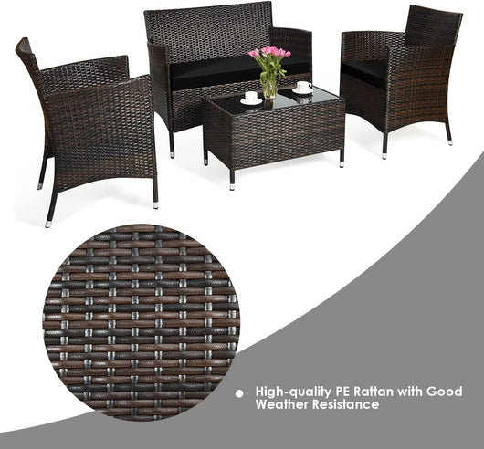 Set di Mobili per 4 Pezzi, Set di Divani in Rattan per Esterni con Piano in Vetro Temperato, Cuscini per Sedili Inclusi