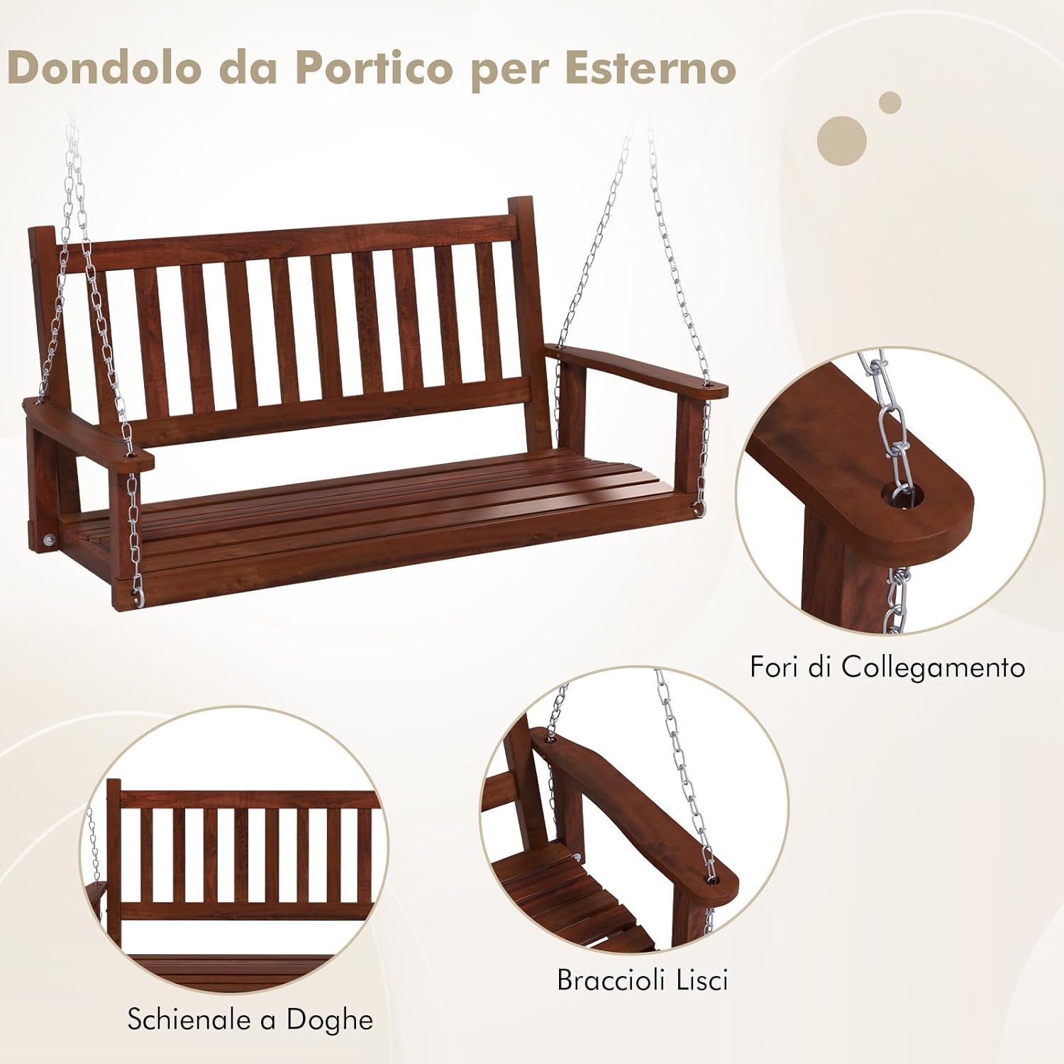 Altalena da Giardino in Legno per 3 Persone, Panchina Sospese in Legno con Capacità di Peso di 360 kg, Sedia a Dondolo per Giardino, Cortile (168 x 65 x 63 cm, Marrone)