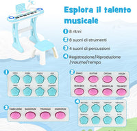 Tastiera Pianoforte a 37 Tasti per Bambini, Piano Elettronico per Bambini con Microfono, Sgabello e Supporto per Spartiti, 8 Ritmi e 8 Strumenti, per Bambini 18+ Mesi (Blu)