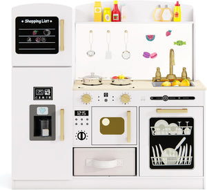 Cucina Giocattolo con Macchina del Ghiaccio e Microonde con Luce, Cucina per Bambini in Legno con 2 Lavagne, Lavandino e Cassetto in Tessuto, Set Cucina con 9 Accessori, 86 x 27 x 83 cm