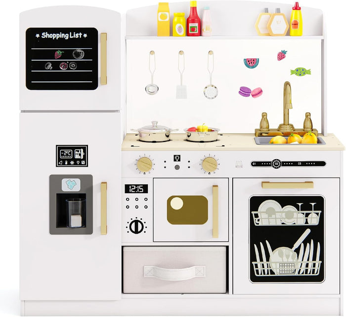 Cucina Giocattolo con Macchina del Ghiaccio e Microonde con Luce, Cucina per Bambini in Legno con 2 Lavagne, Lavandino e Cassetto in Tessuto, Set Cucina con 9 Accessori, 86 x 27 x 83 cm