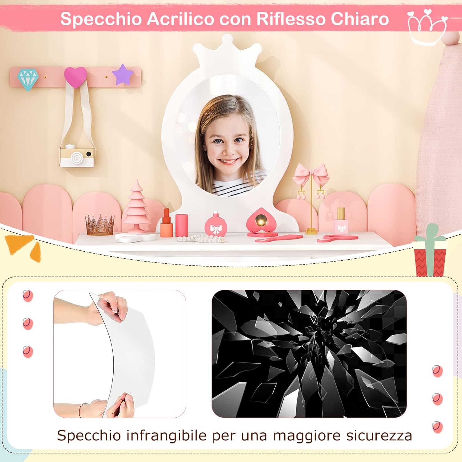 Toeletta Trucco per Bambina, Specchiera per Ragazzi in Legno Robusto, Postazione Trucco 2 in 1 Principessa con Cassetto, Sgabello e Specchio Staccabile, 70 x 34 x 100 cm (Bianco)