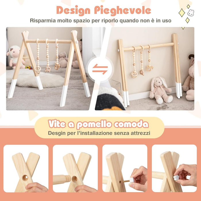 Palestrina per Bambini, Palestrina con Giocattoli per Dentizione Sviluppo Cerebrale Stimolazione Sensoriale, Pieghevole, in Legno, per Bambini 3+ Mesi (Bianco)