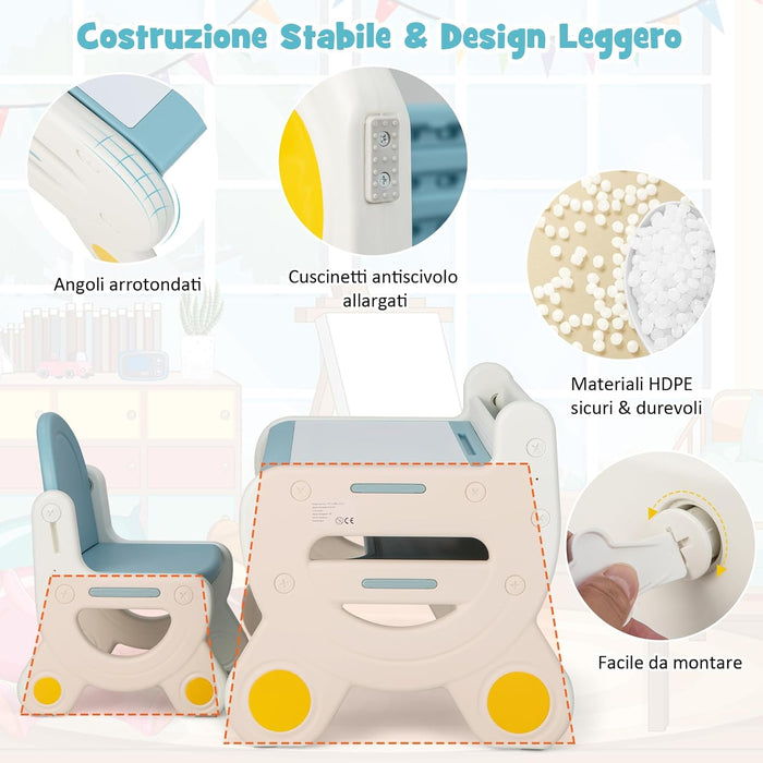 Set Tavolo e sedia per Bambini, Tavolo per Bambini con Sedia, Tavolo da Disegno Cancellabile e Ripiano, per Disegnare, Leggere, Giocare, Ideale per Bambini 3-8 Anni (Blu)