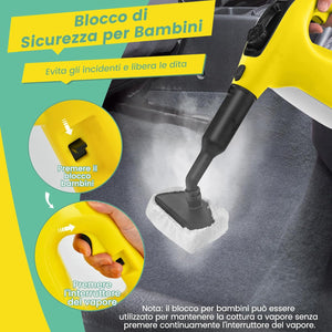 1500W Pulitore a Vapore Portatile, Macchina a Vapore con Serbatoio d'Acqua da 400 ml Blocco per Bambini e Kit di Accessori da 14 Pezzi, 33x13x24,5 cm (Giallo)