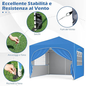 Gazebo Piehevole da Esterno 3 x 3 m, Gazebo Regolabile in Altezza con Pareti Rimovibili, Borsa con Ruote, Picchetti, Ancoraggi, Corde Vento e Sacchi di Sabbia, Tendone per Giardino (Blu)