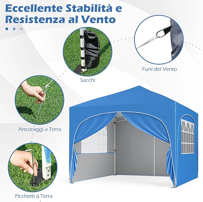 Gazebo Piehevole da Esterno 3 x 3 m, Gazebo Regolabile in Altezza con Pareti Rimovibili, Borsa con Ruote, Picchetti, Ancoraggi, Corde Vento e Sacchi di Sabbia, Tendone per Giardino (Blu)