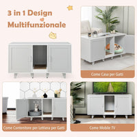 Mobile per Lettiera per Gatti 120 x 52 x 65 cm, Casetta per Gatti con 2 Ante, Fori, Tiragraffi e Gambe Staccabili, Mobile Versatile e Moderno per Salotto (Bianco e grigio)