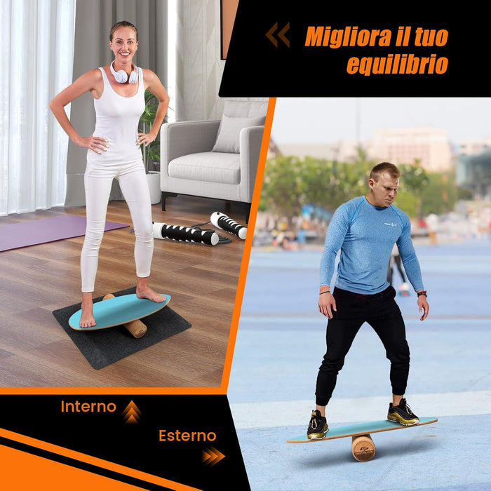 Balance Board in Legno, Tavola di Equilibrio con Rullo e Tappetino per Allenamento Skateboard Hockey Snowboard Surfing, per Esercizi Equilibrio e Tonificazione Core, Portata 227 kg (Blu)