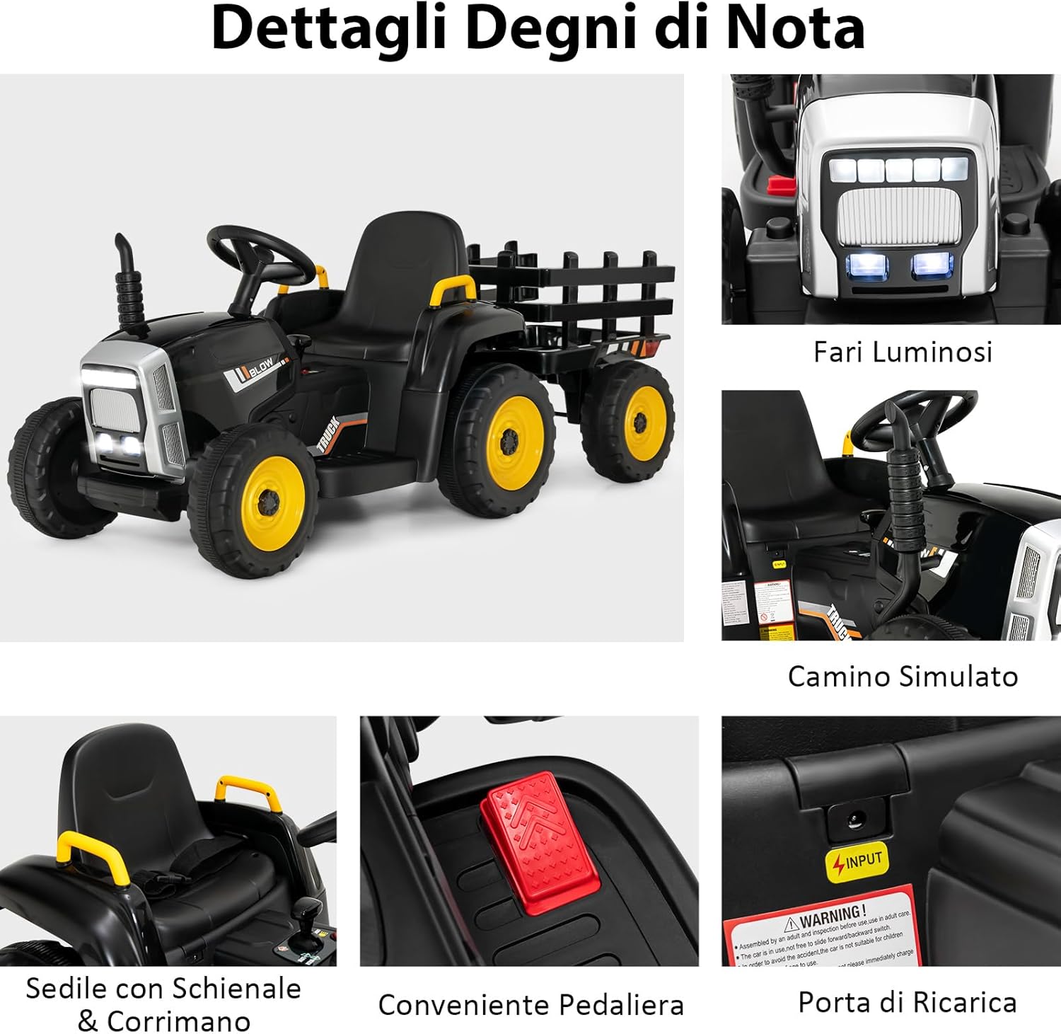 Trattore con Rimorchio Cavalcabile per Bambini 12V, Trattore Elettrico Telecomandato, con Luci e Suoni, 30kg, 3+ Anni (Nero)