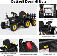 Trattore con Rimorchio Cavalcabile per Bambini 12V, Trattore Elettrico Telecomandato, con Luci e Suoni, 30kg, 3+ Anni (Nero)