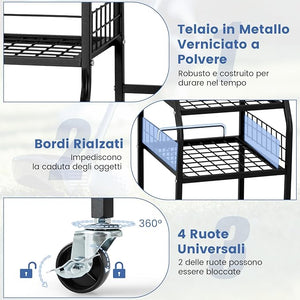 Organizer per Borse da Golf, Carrello per Sacca da Golf con Supporti Rimovibili, Cesta in Rete, Scaffali Aperti, Vassoio e Ruote, Organizzatore Salvaspazio in Metallo per Casa e Garage