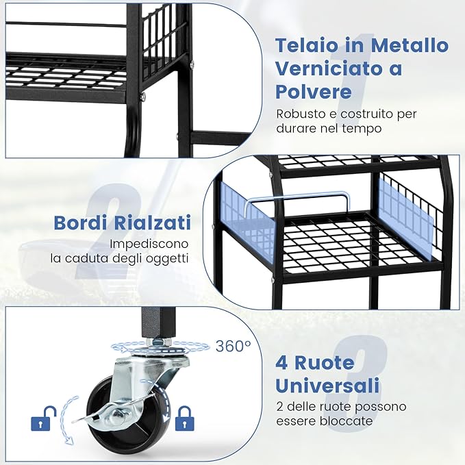 Organizer per Borse da Golf, Carrello per Sacca da Golf con Supporti Rimovibili, Cesta in Rete, Scaffali Aperti, Vassoio e Ruote, Organizzatore Salvaspazio in Metallo per Casa e Garage