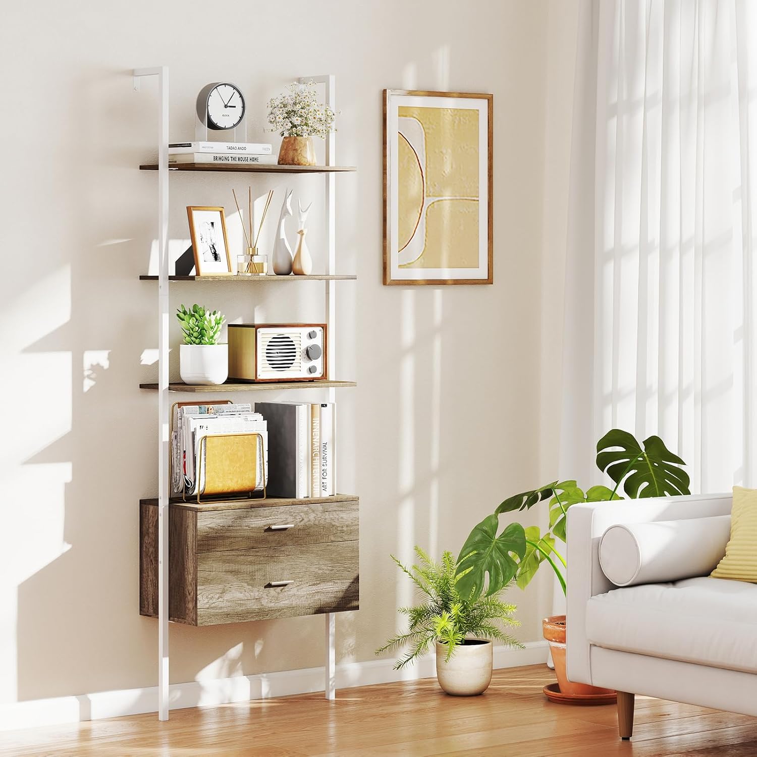 Libreria a Scala 184 cm, Scaffale da Parete a 6 Ripiani con 2 Cassetti e Struttura in Metallo, Ripiano Espositivo Aperto Moderno per Soggiorno Studio Ufficio, 60 x 30 x 184 cm (Naturale)