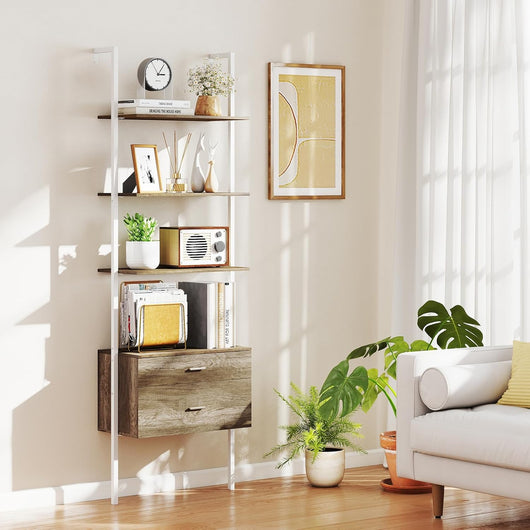 Libreria a Scala 184 cm, Scaffale da Parete a 6 Ripiani con 2 Cassetti e Struttura in Metallo, Ripiano Espositivo Aperto Moderno per Soggiorno Studio Ufficio, 60 x 30 x 184 cm (Naturale)