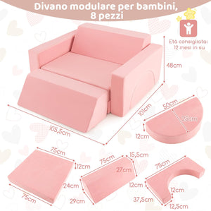 Divano Modulare per Bambini 8 Pezzi, Divanetto per Bambini con Copertura Staccabile per Sala Giochi e Camera da Letto, Divano Creativo per Bambini per Giocare, Creare e Dormire (Rosa)
