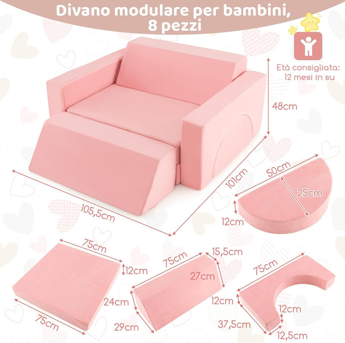 Divano Modulare per Bambini 8 Pezzi, Divanetto per Bambini con Copertura Staccabile per Sala Giochi e Camera da Letto, Divano Creativo per Bambini per Giocare, Creare e Dormire (Rosa)