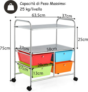 Carrello con 4 Cassetti e 2 Ripiani, Carrello Portaoggetti con Ruote per Cucina Bagno Ufficio, Multiuso, 58,5x37x75 cm (Colorato 2)