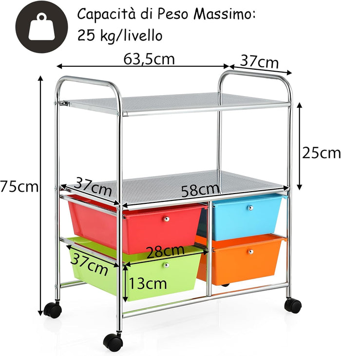 Carrello con 4 Cassetti e 2 Ripiani, Carrello Portaoggetti con Ruote per Cucina Bagno Ufficio, Multiuso, 58,5x37x75 cm (Colorato 2)