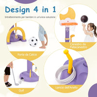 4 in 1 Canestro da Basket per Bambini, Centro di Attività Sportiva Regolabile con Basket Calcio Golf e Gioco del Lancio dell'Anello, per Interno ed Esterno, 3 Anni+ (Giallo)