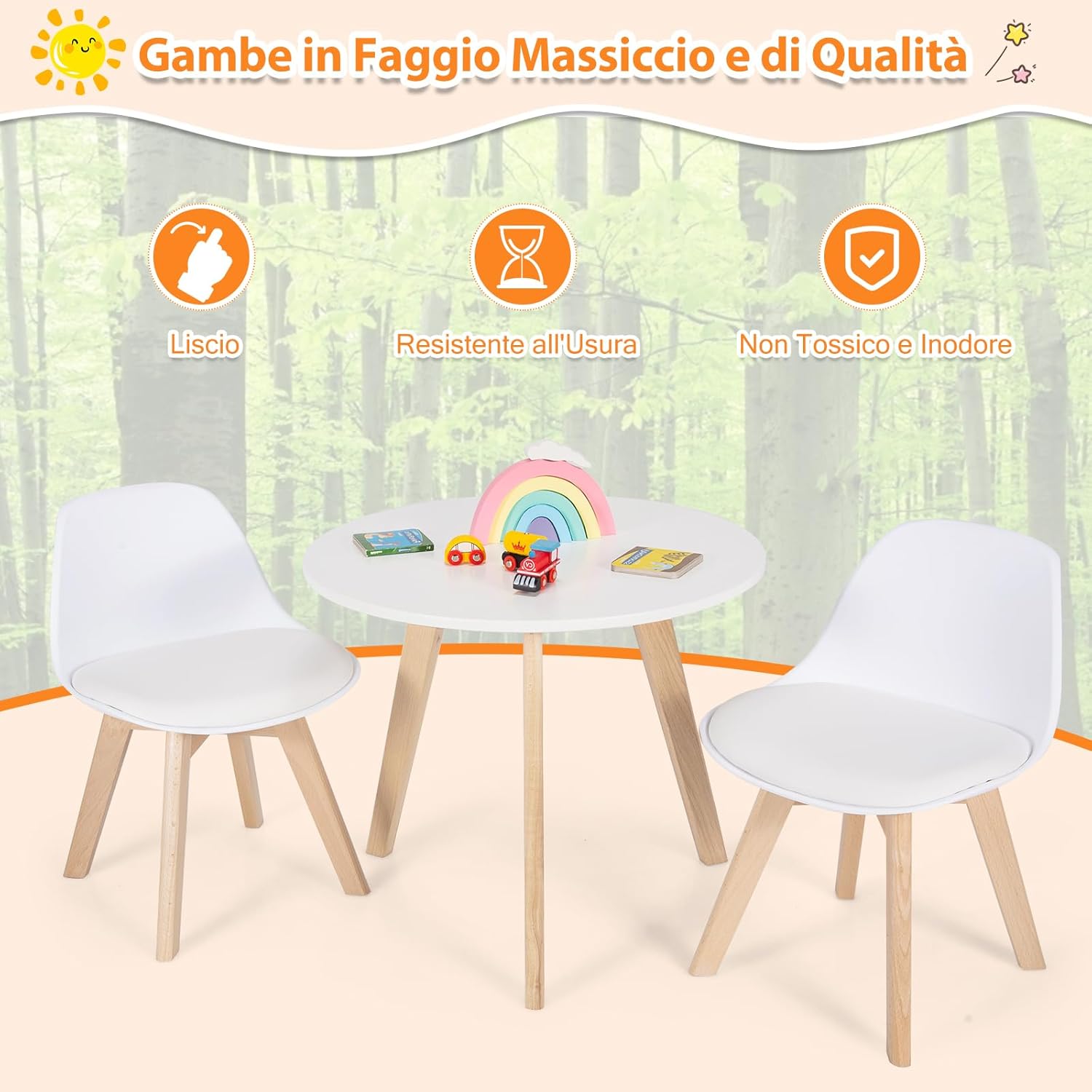 Set Tavolo e Sedie Bambini 3 Pezzi, Tavolino Rotondo per Bambini con 2 Sedie Imbottite, Mobili Cameretta per Bambini da 3 a 8 Anni