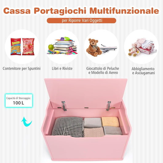 Cassapanca Portagiochi con Cuscino, Contenitore Porta Giochi in Legno, Cassa Panca per Bambini con Schienale e Cerniera di Sicurezza, per Cameretta, 74 x 39 x 52 cm (Rosa)
