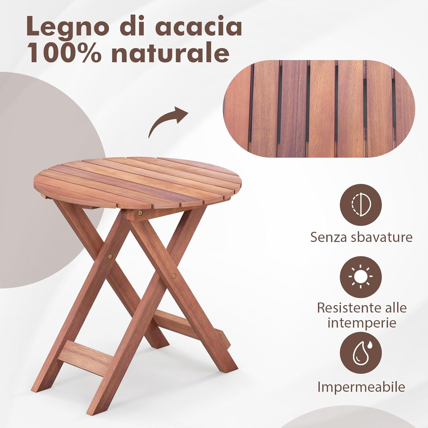 Tavolino Laterale da Giardino in Legno, Tavolino Pieghevole con Piano Traforato e Maniglia Sollevabile, Tavolino da Caffè per Interni ed Esterni con Manico per Casa, Piscina, Patio(Modello 1)