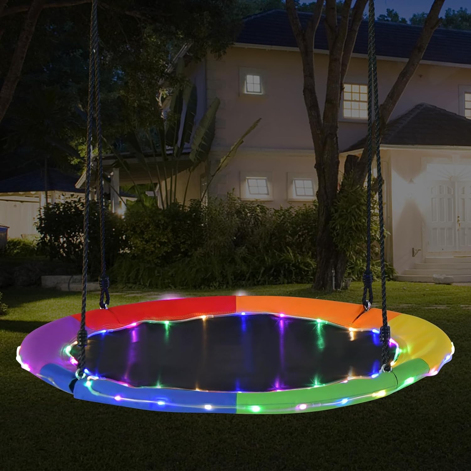 Altalena a Nido 100 cm per Bambini e Adulti, Altalena Rotonda con Luci LED Colorate e 2 Funi Regolabili, Capacità di Carico 300 kg da Giardino Esterno (Colorato)