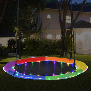 Altalena a Nido 100 cm per Bambini e Adulti, Altalena Rotonda con Luci LED Colorate e 2 Funi Regolabili, Capacità di Carico 300 kg da Giardino Esterno (Colorato)