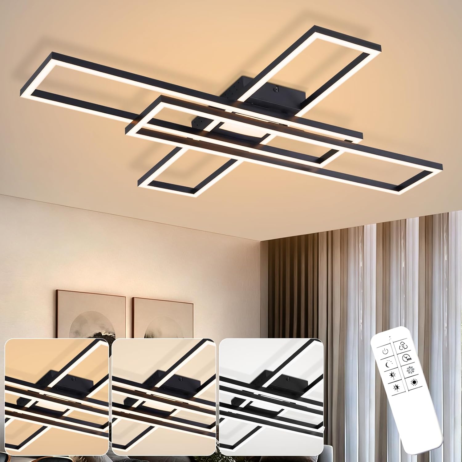 ZMH Lampada da soffitto plafoniera LED 56W nera dimmerabile telecomando design rettangolare per camera letto cucina