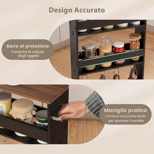 Carrello Portaoggetti da Cucina, Scaffale con Maniglia Laterale e Ruote, Carrello Salvaspazio con 3 Scaffali Stretti, 47,5x13x80,5 cm (Marrone+Nero)