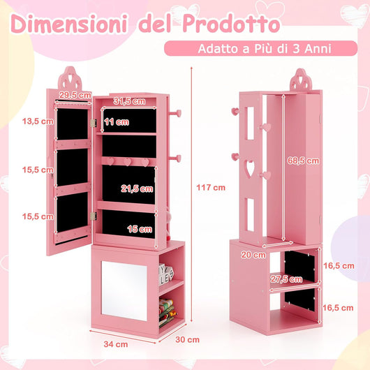 Armadio Portagioie per Bambini, Armadio Porta Abiti 3 in 1 con Specchio a Figura Intera e Appendiabiti, Armadio Organizzatore per Gioielli con Ganci e Ripiani Dietro per Cameretta (Rosa)