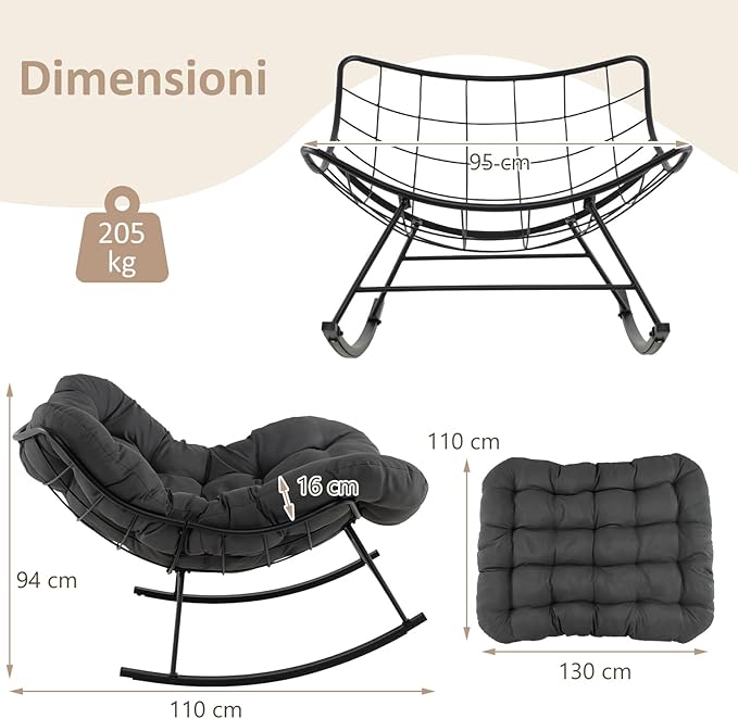 Sedia a Dondolo, Poltrona Relax Ergonomica, Poltrona Sovradimensionato con Cuscino Imbottito, Sedia a Uovo con Struttura Metallica, per Soggiorno Portico Giardino, Portata 205 kg (Grigio)