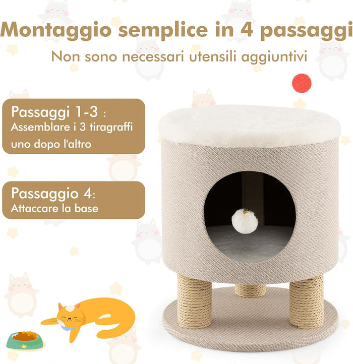 Casetta per Animali Domestici, Cuccia per Gatti con Pali Tiragraffi e Pallina di Peluche, Mobile Multiuso 3-IN-1 per Gatti Piccoli e Medi (Beige)
