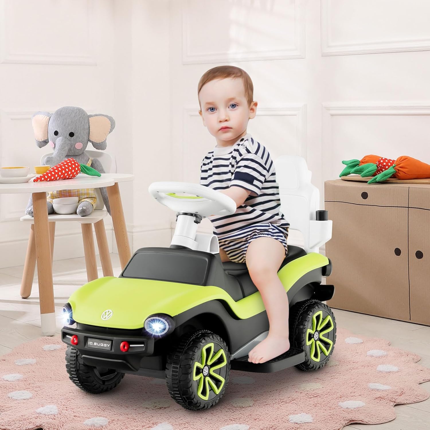 Volkswagen 3 in 1 Macchina Cavalcabile a Spinta per Bambini, Auto a Spinta con Maniglione Regolabile Parasole e Musica, Ideale per Bambini 1-3 Anni