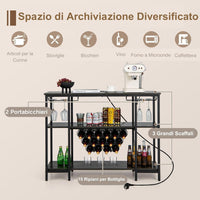Mobile Bar Vino, Portabottiglie Industriale con 3 Ripiani, Porta Calici, Porte USB e Prese, Mobile Portabottiglie di Vino con Struttura in Metallo, 113 x 35 x 85 cm (Grigio)