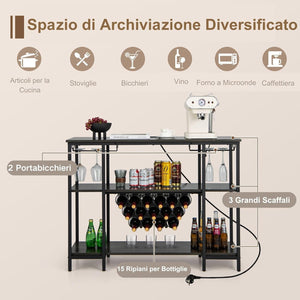 Mobile Bar Vino, Portabottiglie Industriale con 3 Ripiani, Porta Calici, Porte USB e Prese, Mobile Portabottiglie di Vino con Struttura in Metallo, 113 x 35 x 85 cm (Grigio)