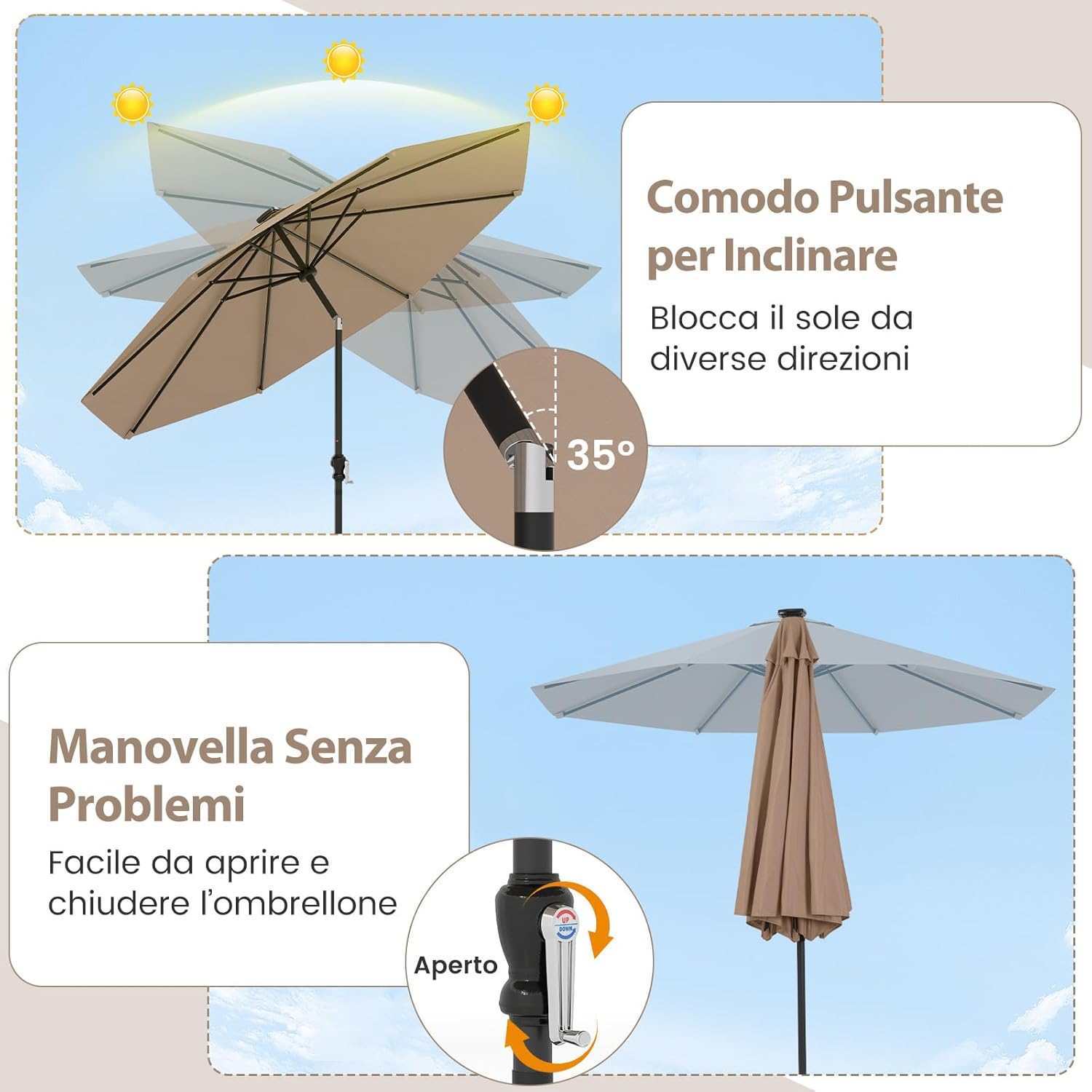Ombrellone da Esterno 288 cm, con 96 Luci LED, Ombrellone Giardino con Inclinazione Regolabile, Manovella, 8 Stecche e Top Ventilato, Parasole da Mercato per Giardino Spiaggia (Marrone)