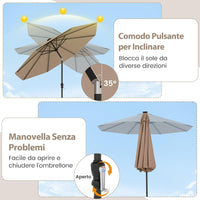 Ombrellone da Esterno 288 cm, con 96 Luci LED, Ombrellone Giardino con Inclinazione Regolabile, Manovella, 8 Stecche e Top Ventilato, Parasole da Mercato per Giardino Spiaggia (Marrone)