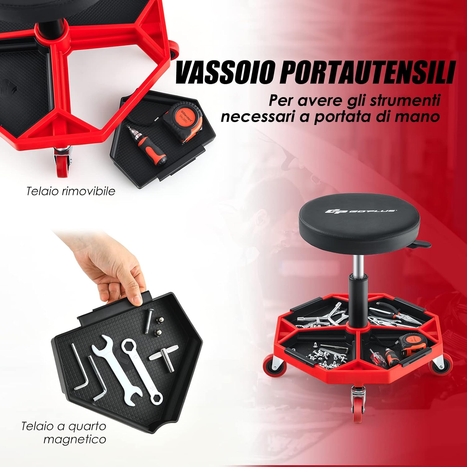 Sgabello da Officina con Ruote, con Ripiano per Attrezzi e Viti, Portata di 150 kg, Altezza Regolabile e Girevole, Sedia Meccanico per Garage, Officina