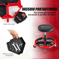 Sgabello da Officina con Ruote, con Ripiano per Attrezzi e Viti, Portata di 150 kg, Altezza Regolabile e Girevole, Sedia Meccanico per Garage, Officina